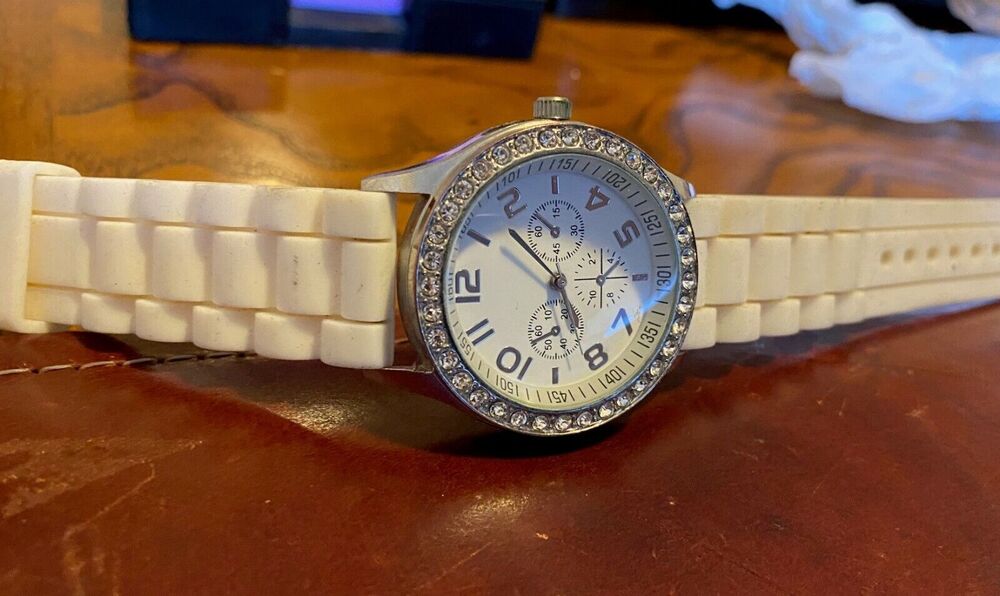 Women's 38mm silver Tone Darice watch with Crystal Accent and White Poly Band